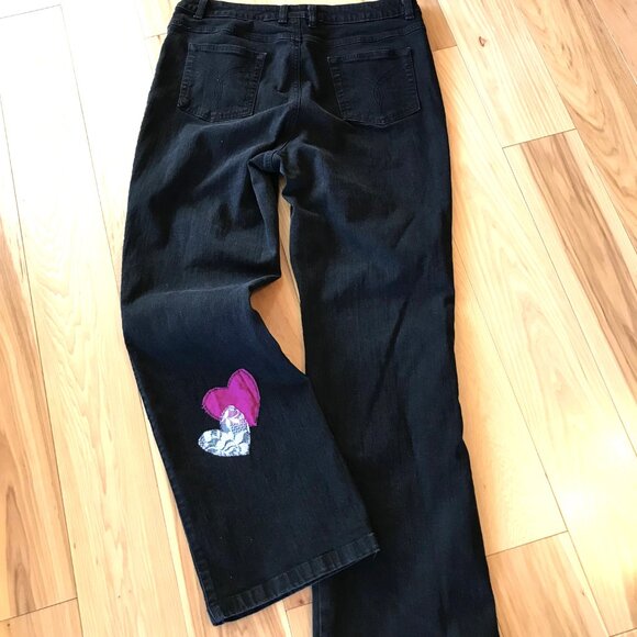 Upcycled Patchwork Jeans, Size 14: Handmade Magenta & Lace Patches, Black Denim - Picture 8 of 9